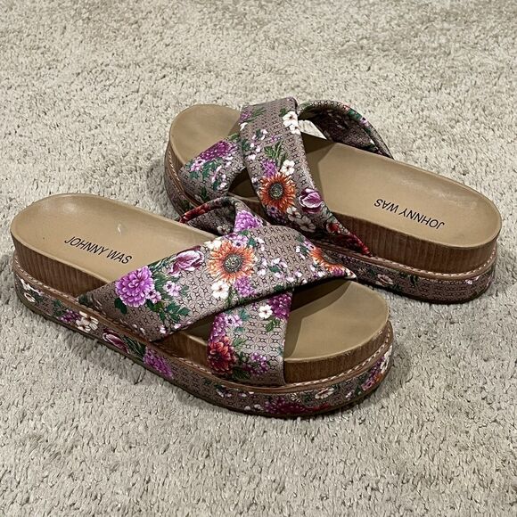 Johnny Was Size 7 Jenna Cross Cross Sandal Leather Slip Ons Slides Floral Boho - Picture 5 of 10